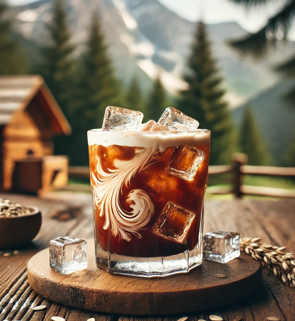 Glass of iced coffee with a mountainous background