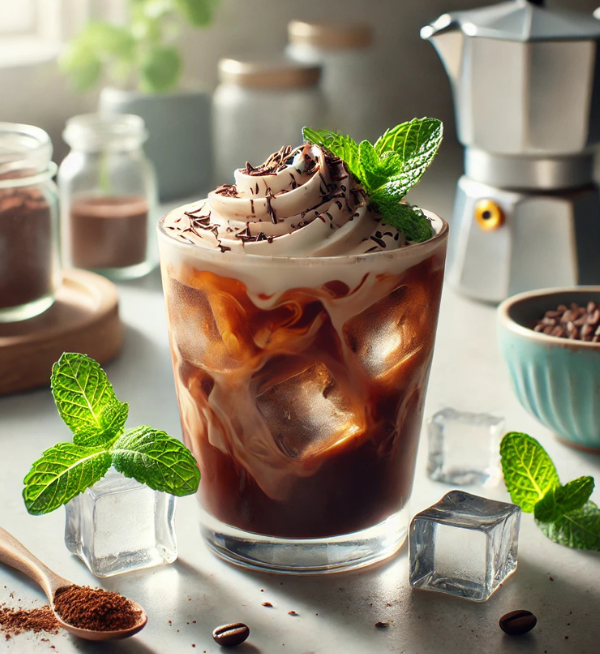 Glass of iced coffee with whipped cream and mint leaves on a table with coffee-making equipment.