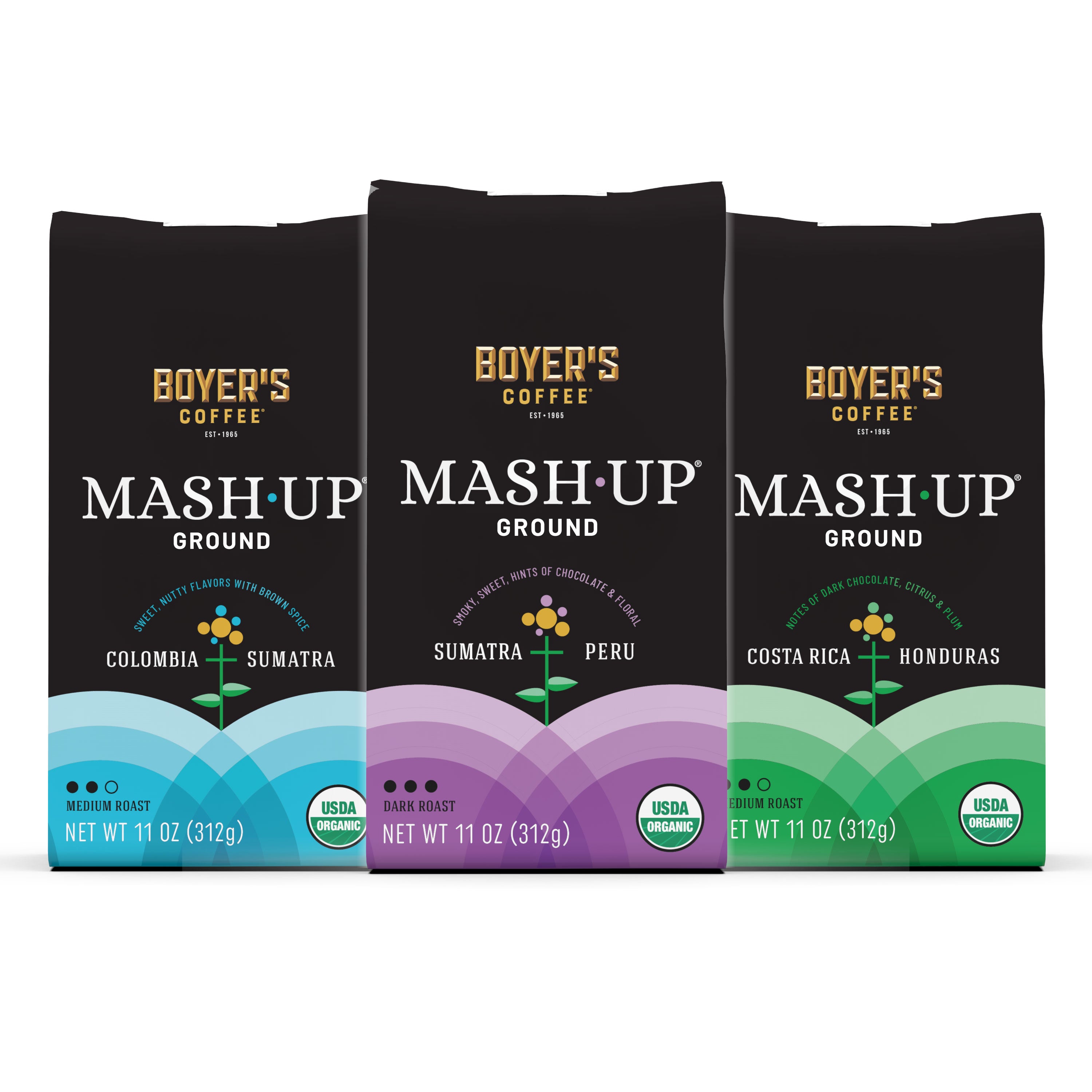 Mash-Up Coffee 3-Pack Ground: 11 oz COLOMBIA + SUMATRA, 11 oz COSTA-RICA + HONDURAS, 11 oz SUMATRA + PERU