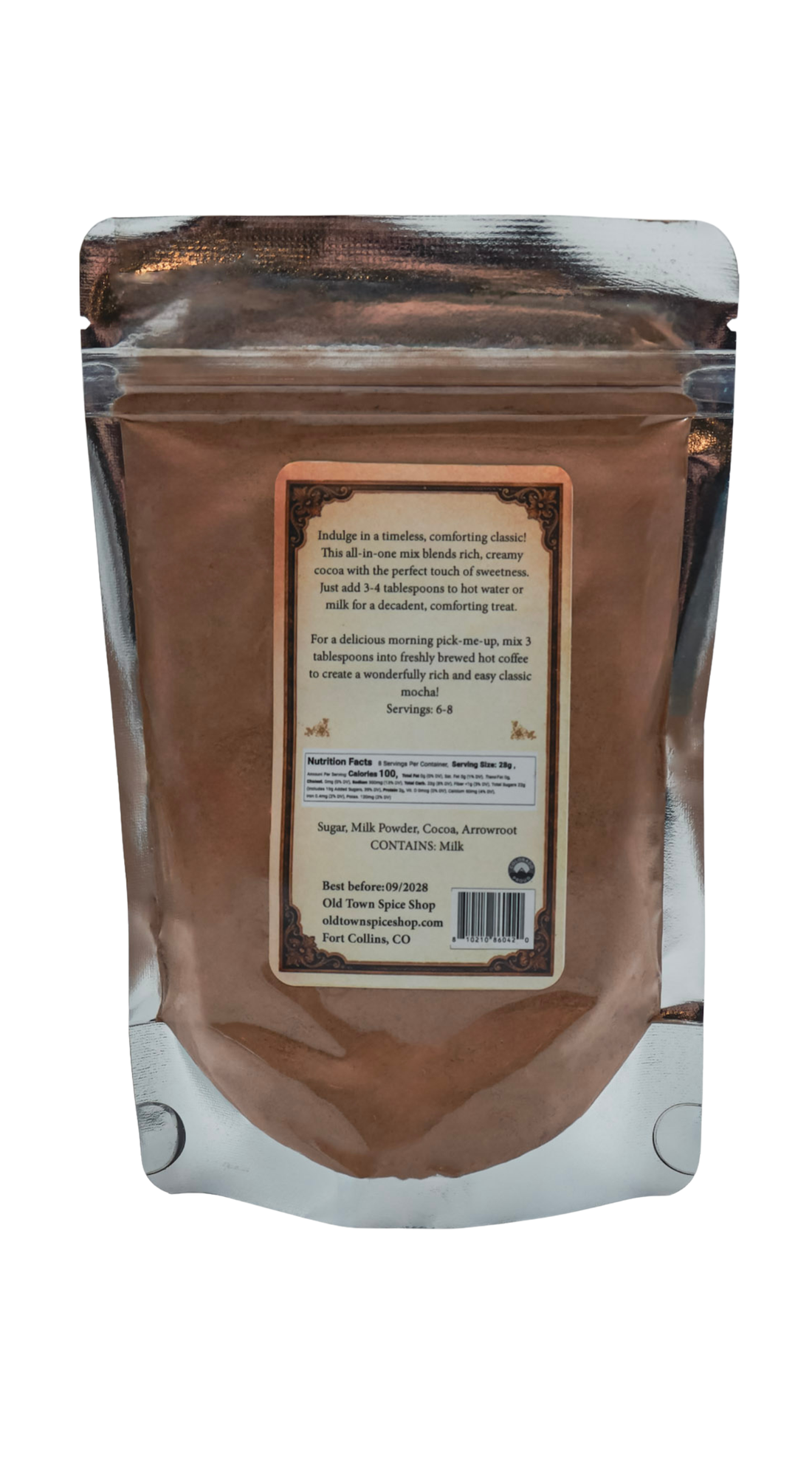 Back of Bag of Traditional Hot Cocoa showing a clear pouch with cocoa instead and instructions on how to prepare.