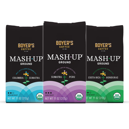 Mash-Up Coffee 3-Pack Ground:  11 oz COLOMBIA + SUMATRA, 11 oz COSTA-RICA + HONDURAS,  11 oz SUMATRA + PERU